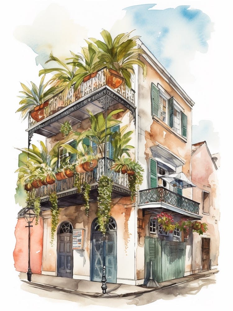 French Quarter New Orleans Neighborhood, Watercolour 4