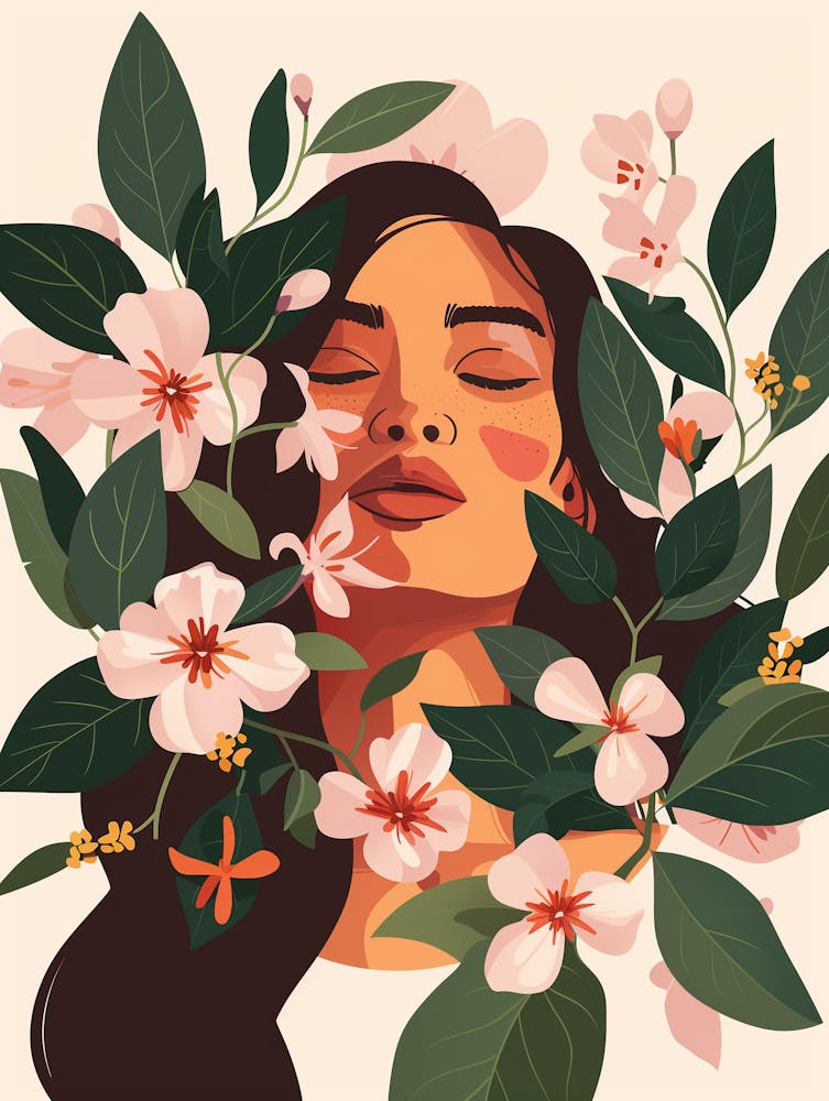 Woman With Flowers And Leaves