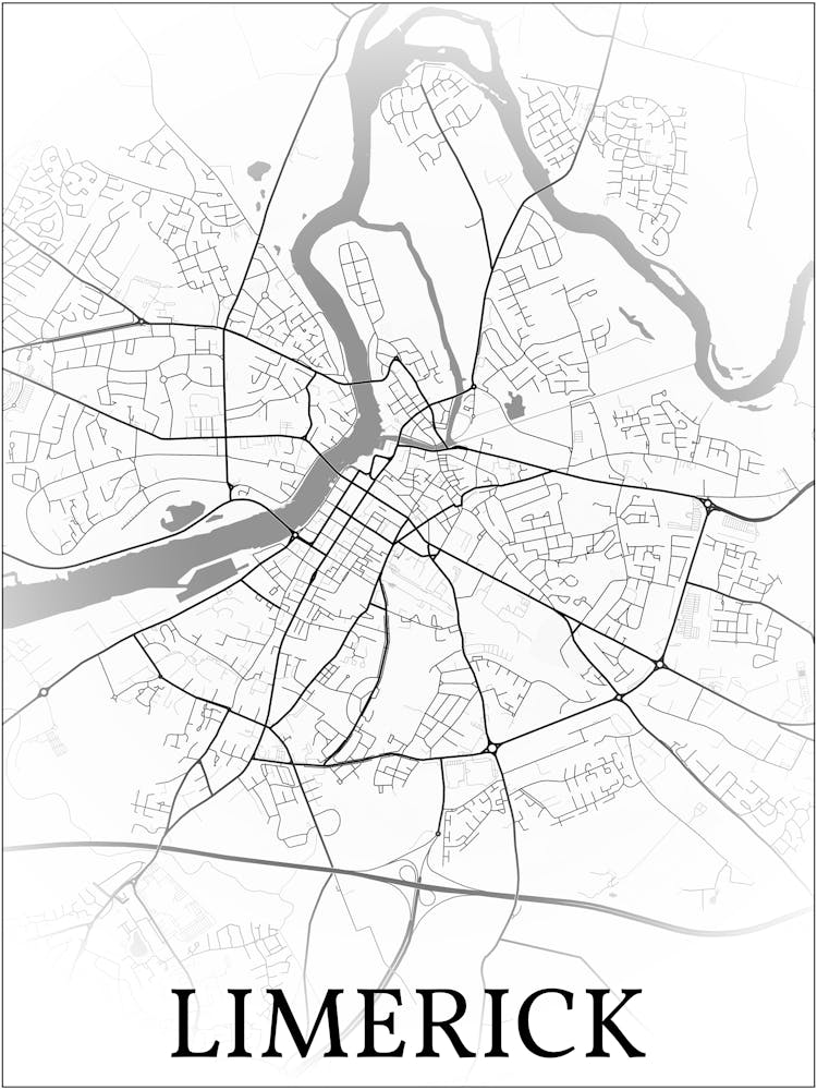 Limerick, Ireland, City Map, Black And White Fade Design