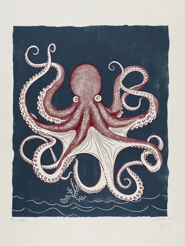 Red & Navy Blue Octopus In The Ocean Linocut Inspired 3