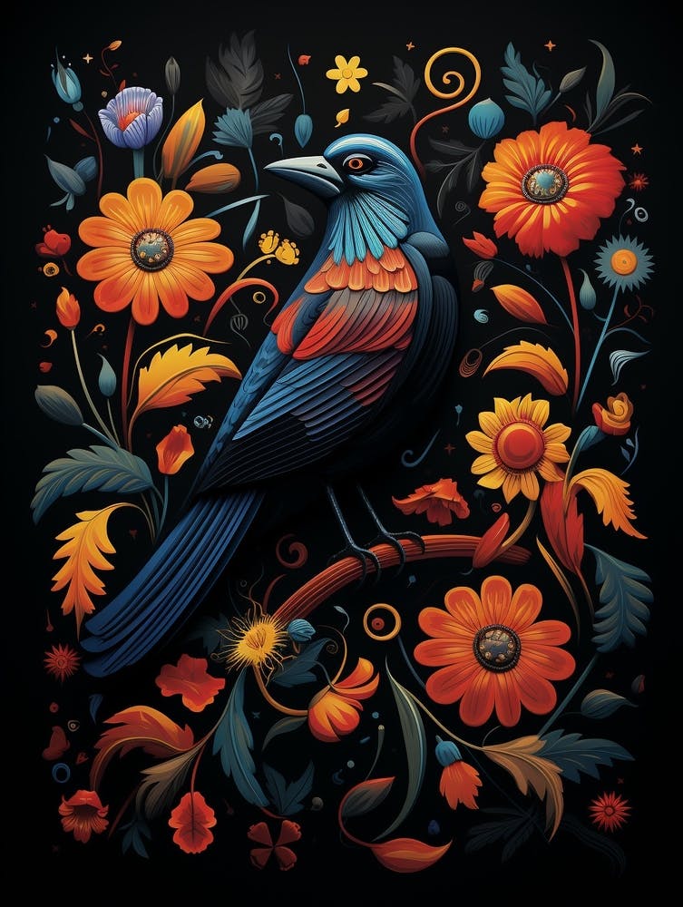 Folk Bird Illustration Raven 2