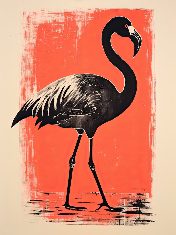 Flamingo, Woodblock Animal  Drawing 4