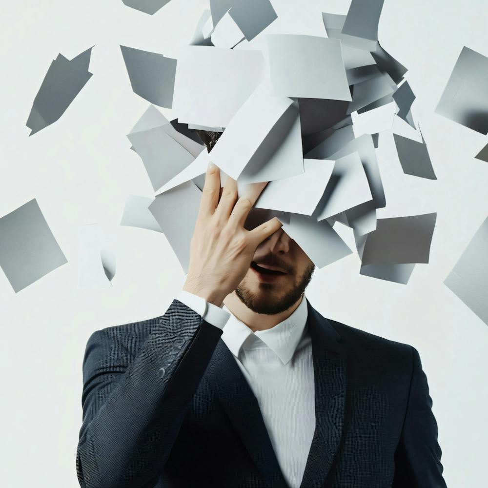 Businessman With Papers Falling On His Head
