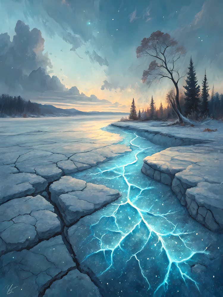 A Frozen Surface with Cracks Reflecting Light Oil Painting Style