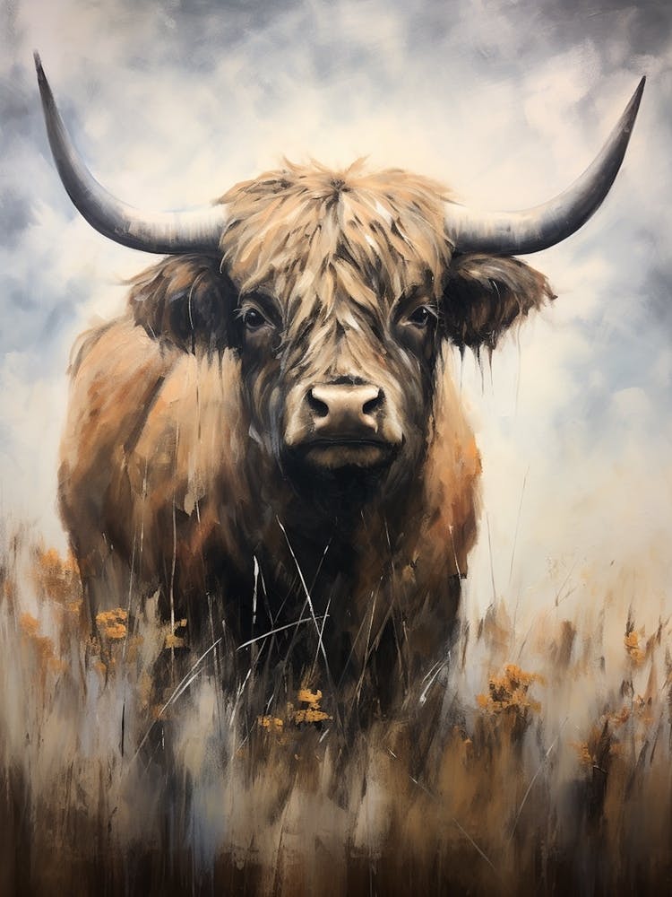 Dark Tones Impressionism Style Painting Of Highland Cows