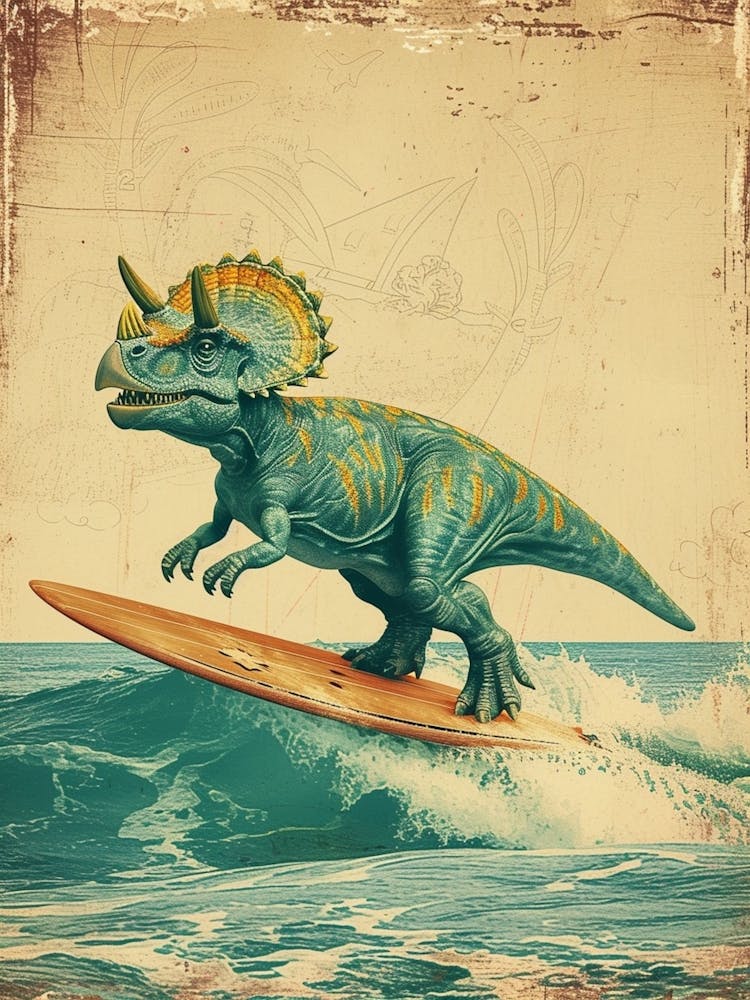 Dinosaure Tricératops Vintage Sur Une Planche de Surf 2