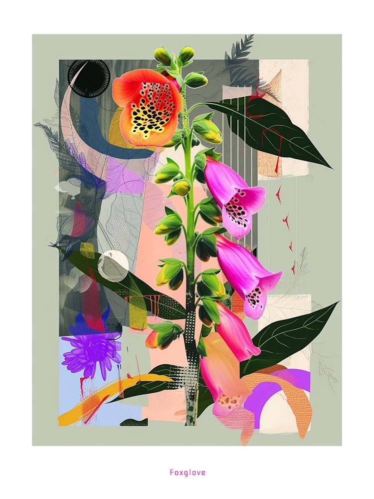 Foxglove 3 Neon Flower Collage Poster