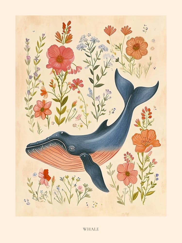 Folksy Floral Animal Drawing Whale 2 Poster