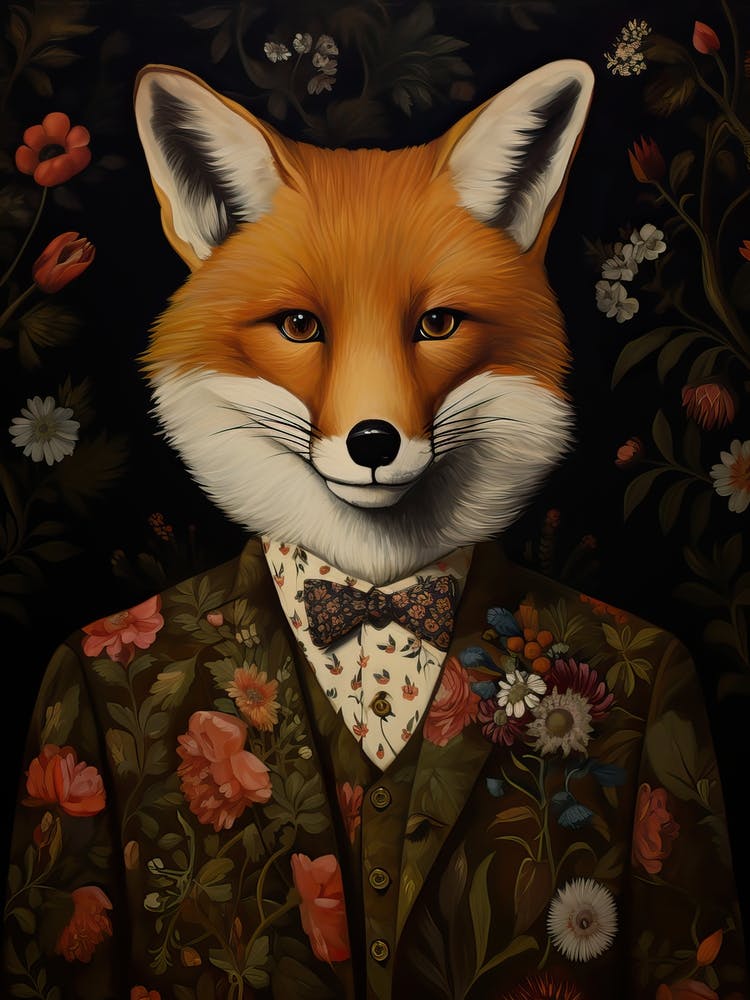 Fox Portrait With Rustic Flowers 0