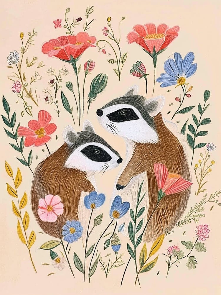 Folksy Floral Animal Drawing Badger