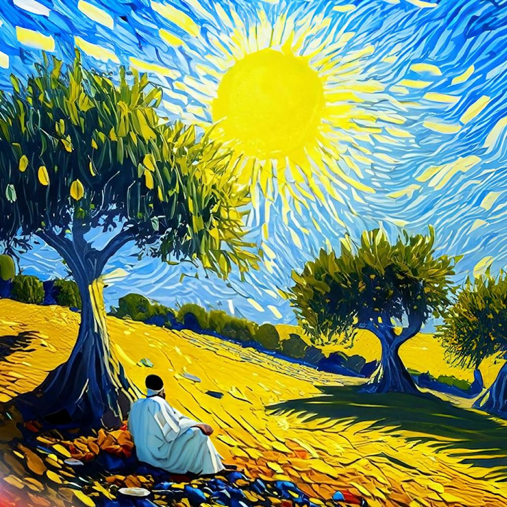 Man In Olive Grove Under A Hot Sun
