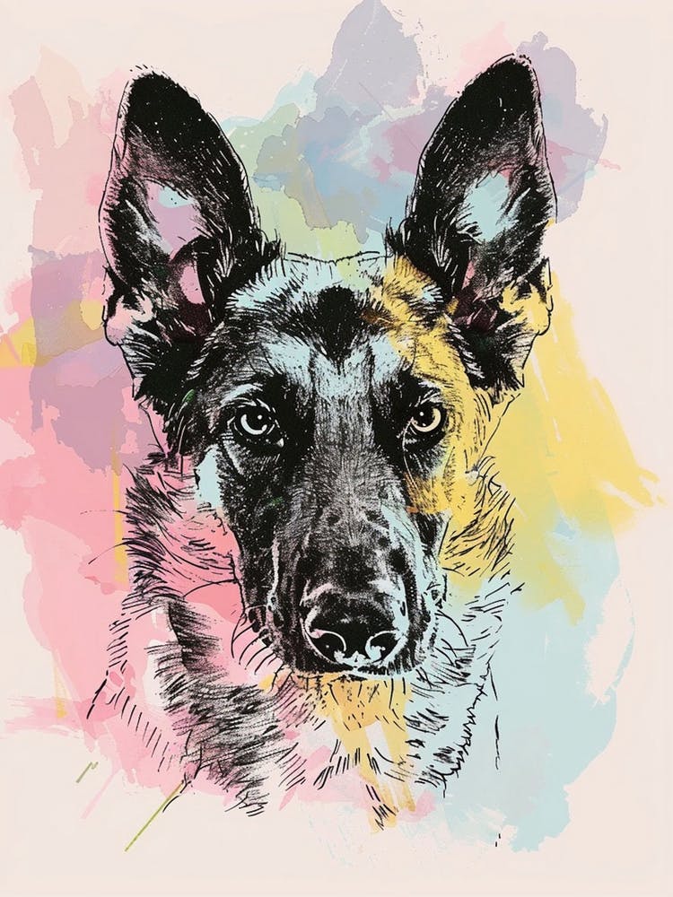 German Shepherd Dog Pastel Watercolour Line 