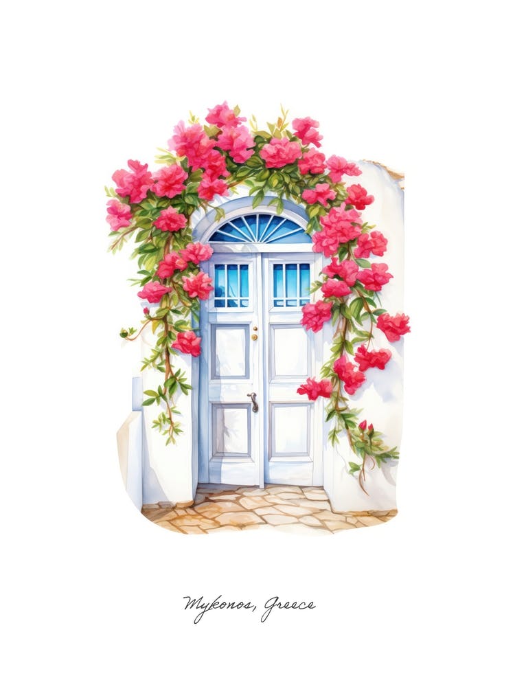 Mykonos, Greece   Mediterranean Doors Watercolour Painting 2 Poster