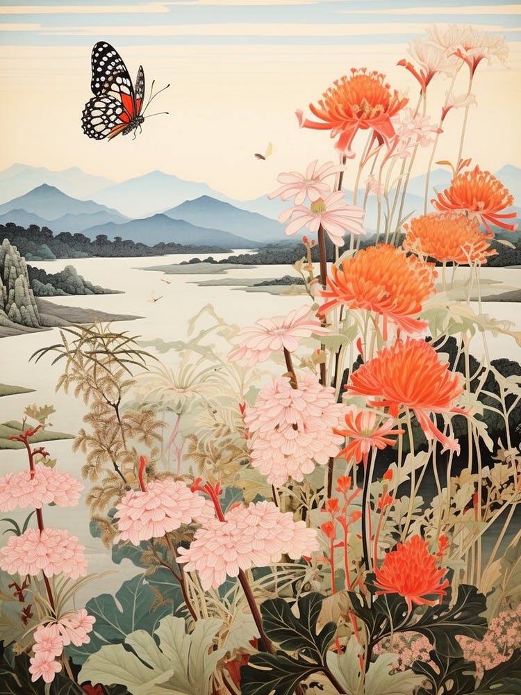 Butterfly With Flowers Japanese Style Painting 1