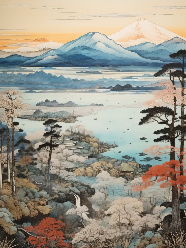 Lake Toya In Hokkaido, Ukiyo E Drawing 3
