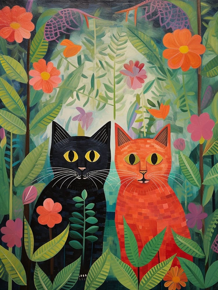 Two Wide Eyed Cats In A Botanical Garden