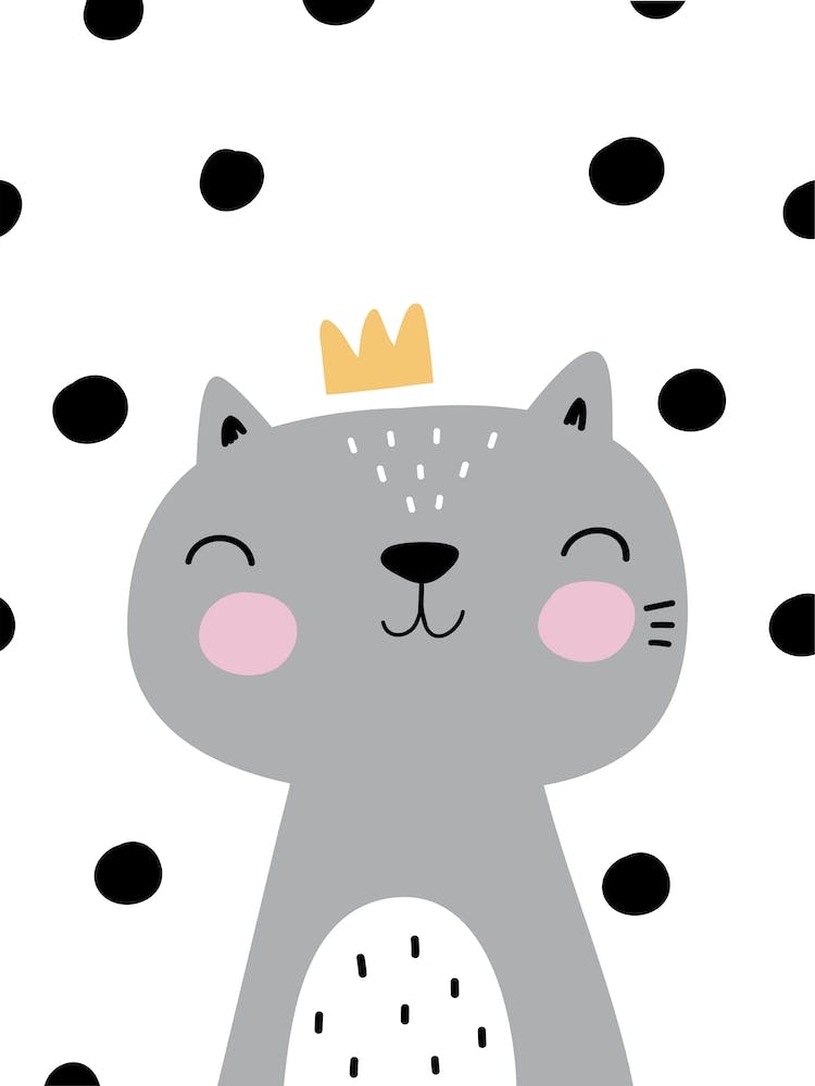 Scandi Grey Cat With Crown And Polka Dots