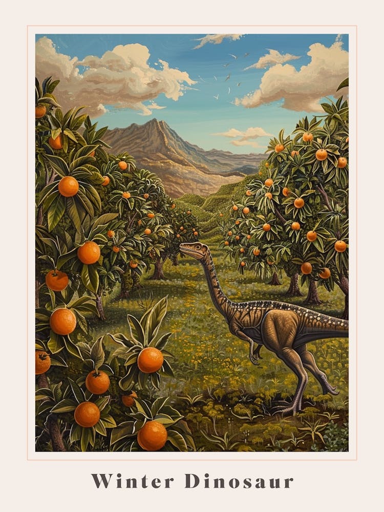 Dinosaur In An Orange Meadow Painting Poster