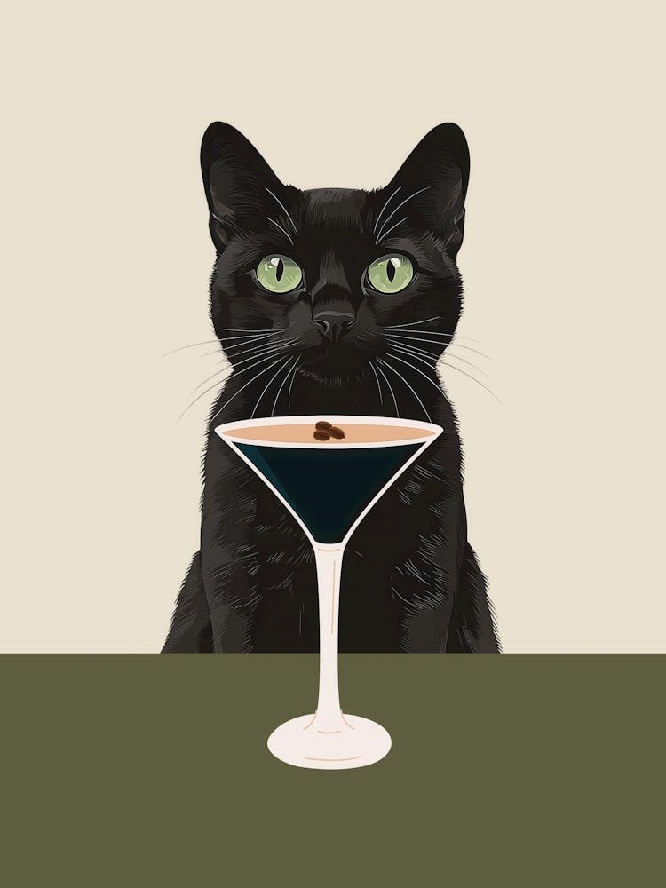 Cat with Espresso martini art in neutral and olive green colors in a minimalist aesthetic, quirky illustration whimsical artwork ideal for kitchens, cafes, coffee bars, bar carts, fun contemporary art for an eclectic living room