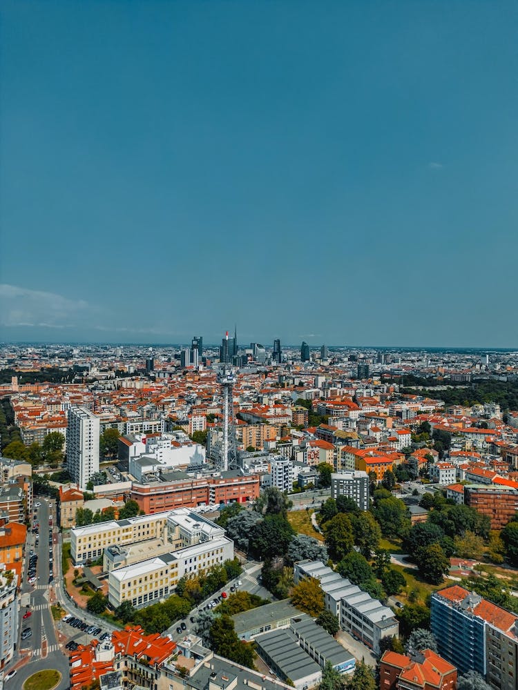 Aerial view Milan, Italy drone vertical photography. Milan architecture