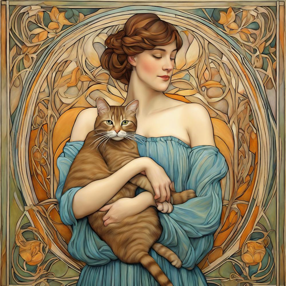 Woman with her Beloved Cat in Style of Art Nouveau 4