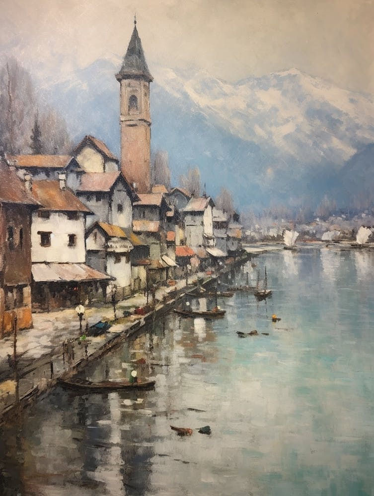 Vintage Winter Painting Lucerne Switzerland