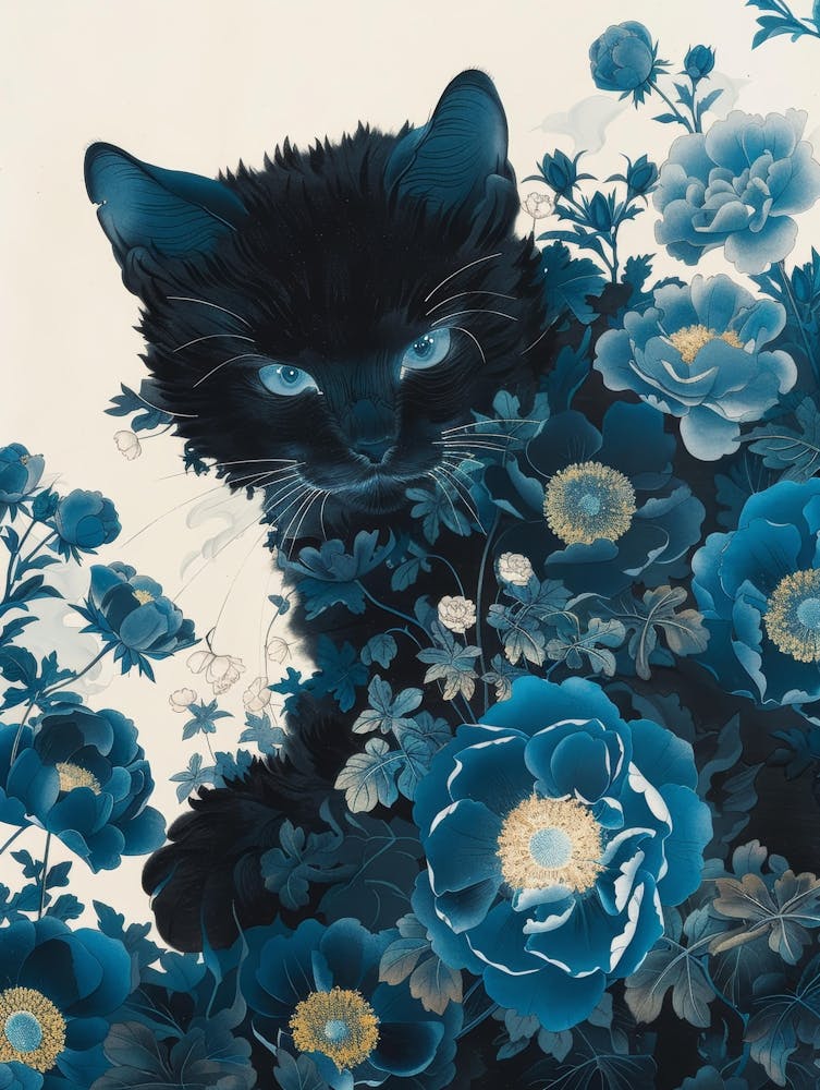 Schwarze Katze in blauen Blumen 3