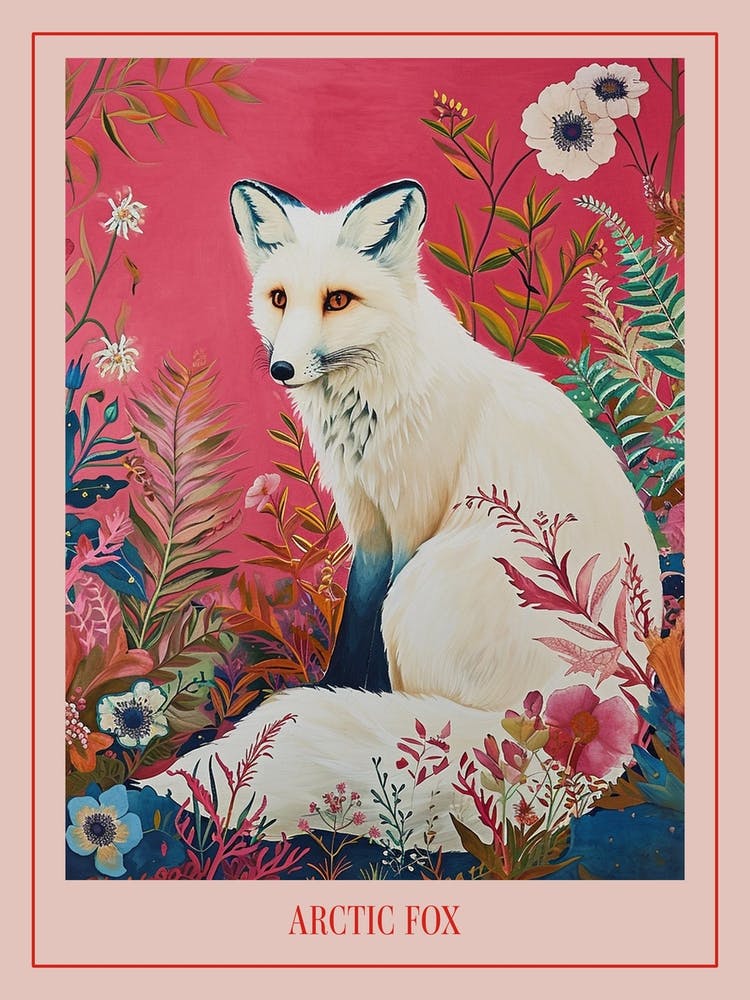 Floral Animal Painting Arctic Fox 3 Poster