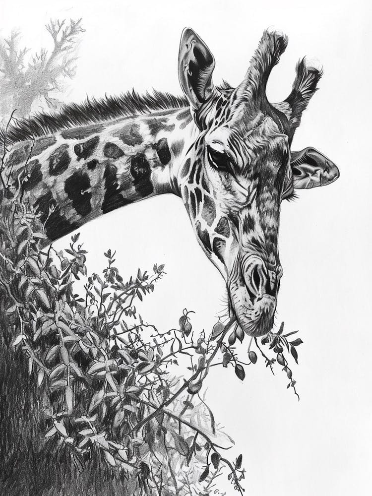 Giraffe In The Leaves Pencil Drawing 2