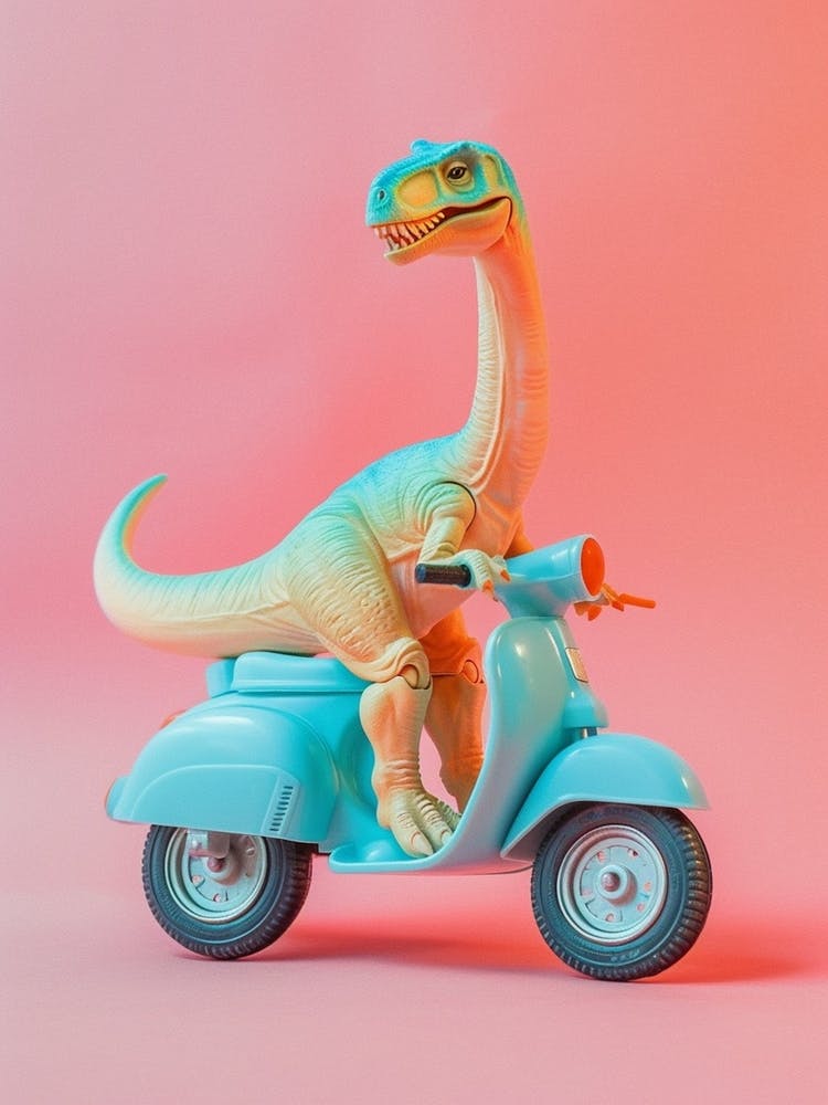 Pastell Spielzeugdinosaurier auf einem Moped 3