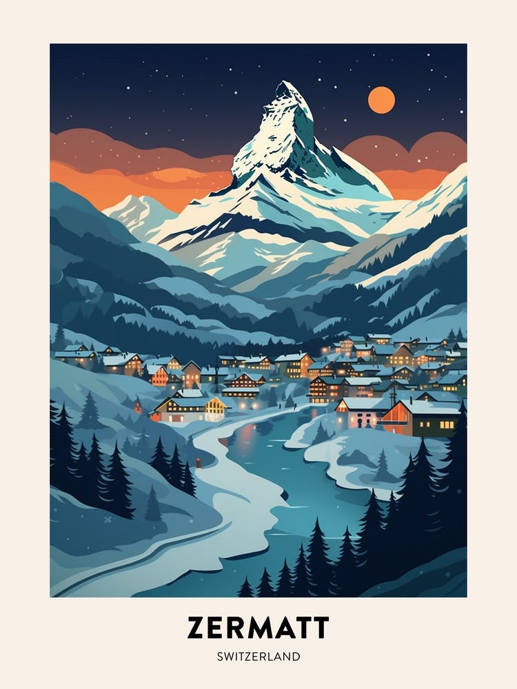 Winter Night  Travel Poster Zermatt Switzerland 3
