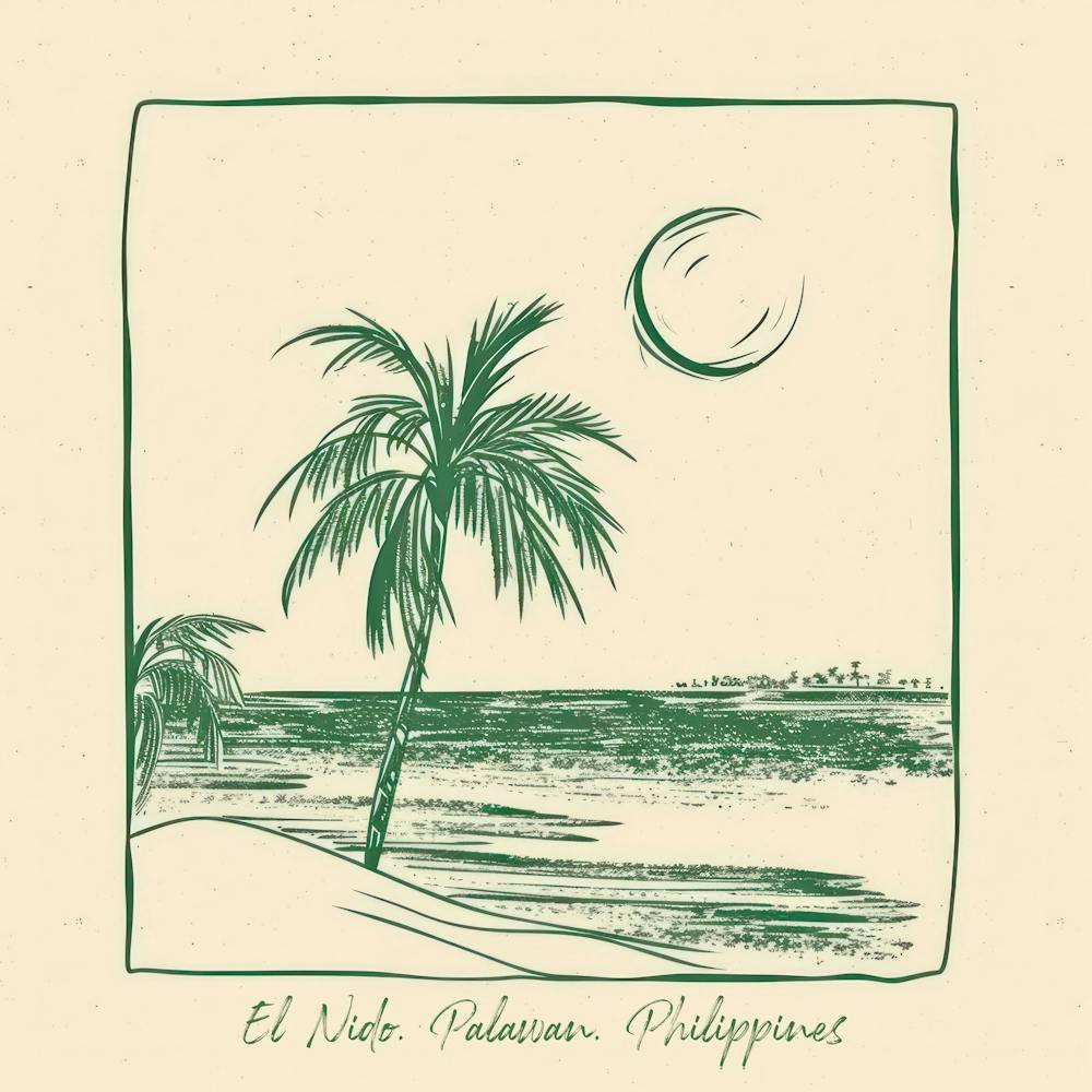 El Nido, Palawan, Philippines Green Line Art Illustration