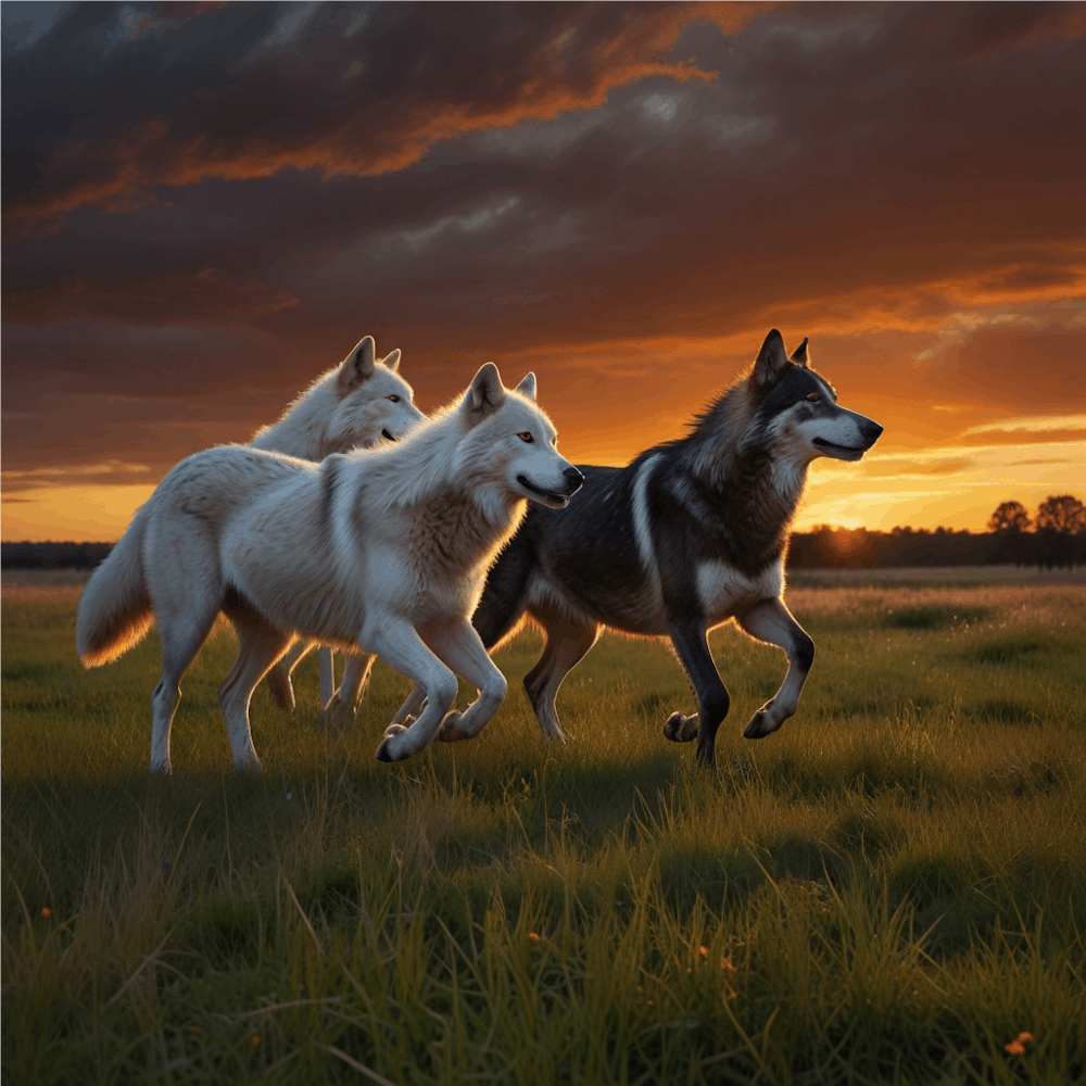Three Wolves At Sunset