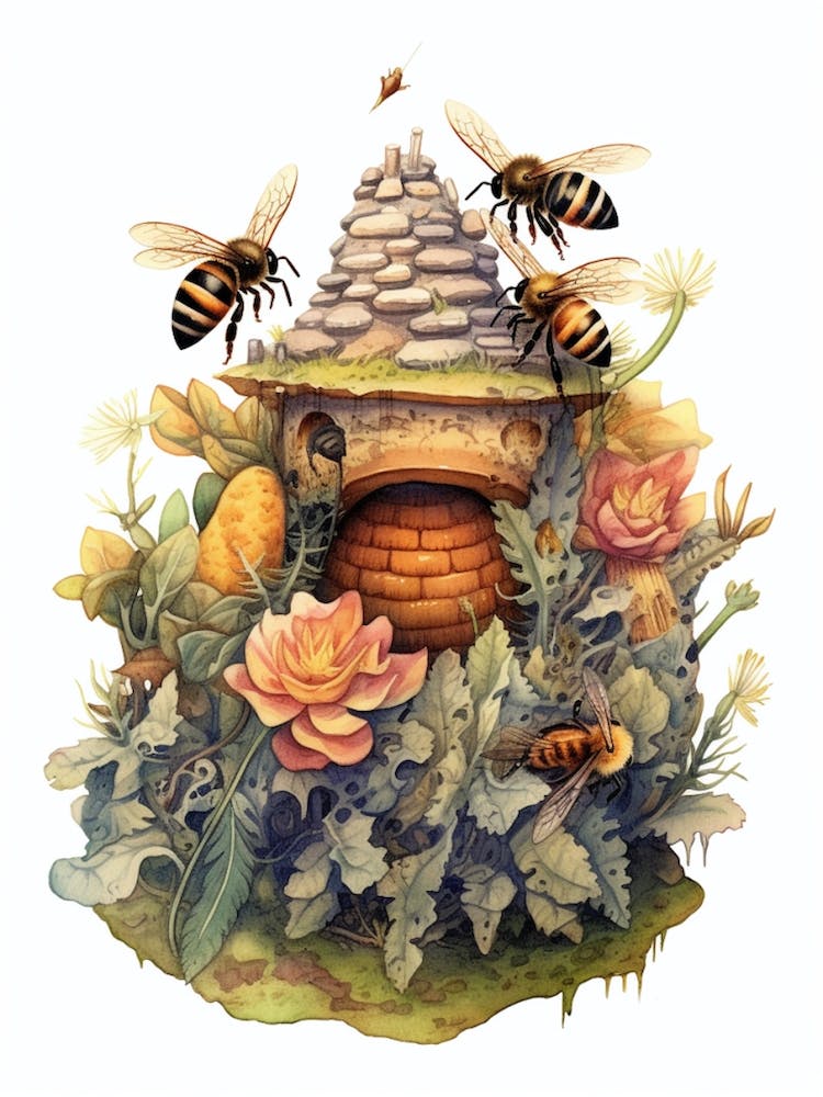 Common Furrow Bee Beehive Watercolour Illustration 4