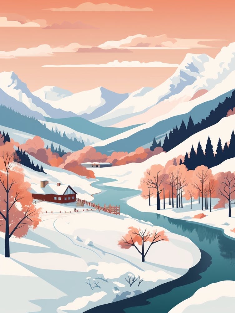 Vintage Winter Travel Illustration Lake District United Kingdom 6