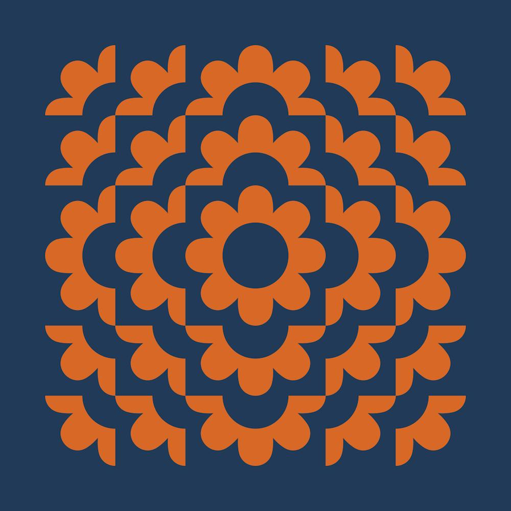 Abstract Flowers Pattern 1 In Navy Blue Burnt Orange 02