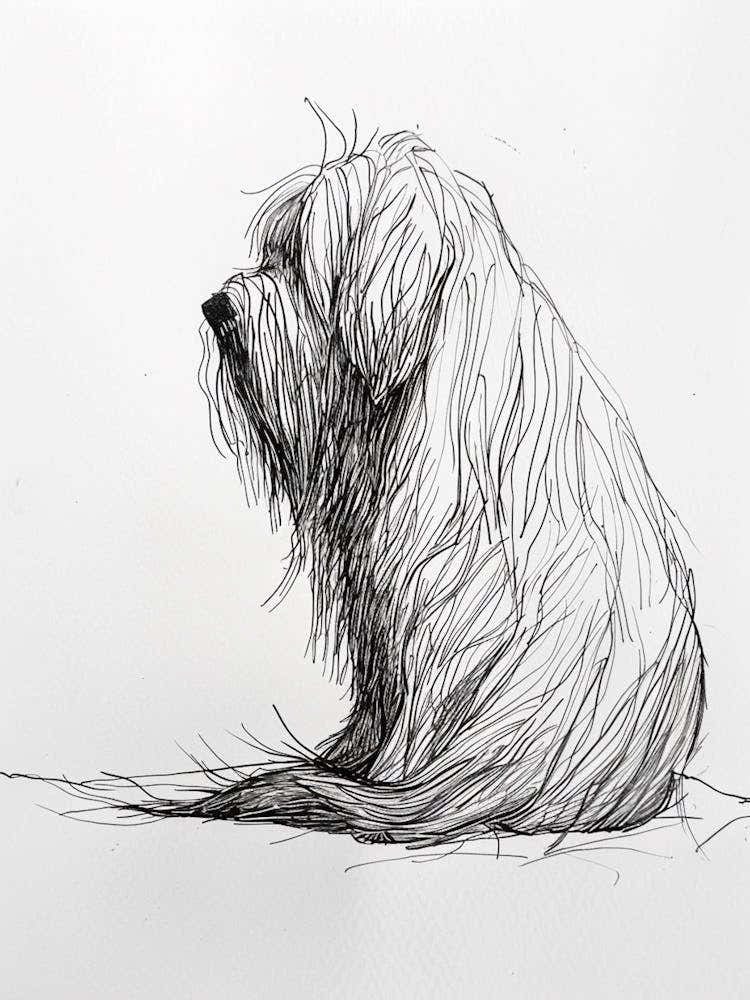 Hairy Dog Black & White Line Sketch