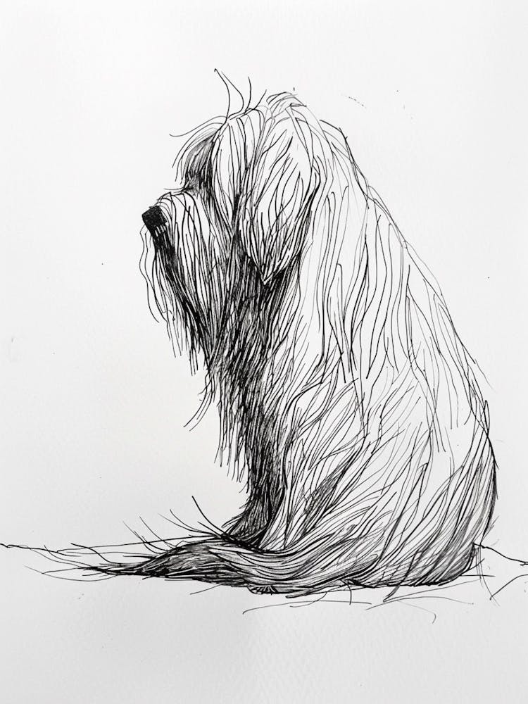 Hairy Dog Black & White Line Sketch