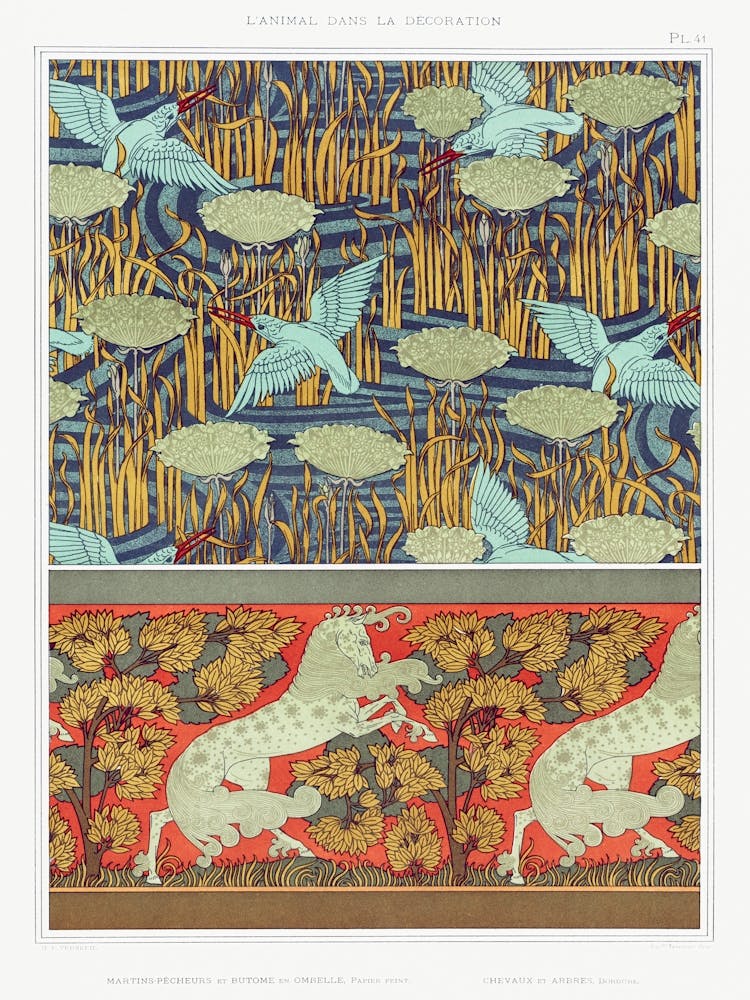 Kingfishers And Butome In Umbel, Wallpaper From The Animal In The Decoration (1897), Maurice Pillard Verneuil