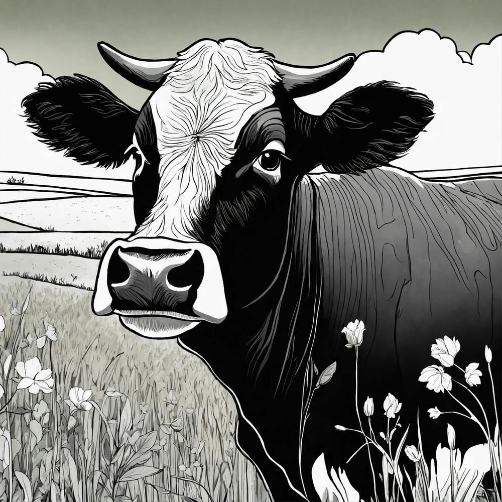 Art Of Cute Cow In The Green Land Black And White