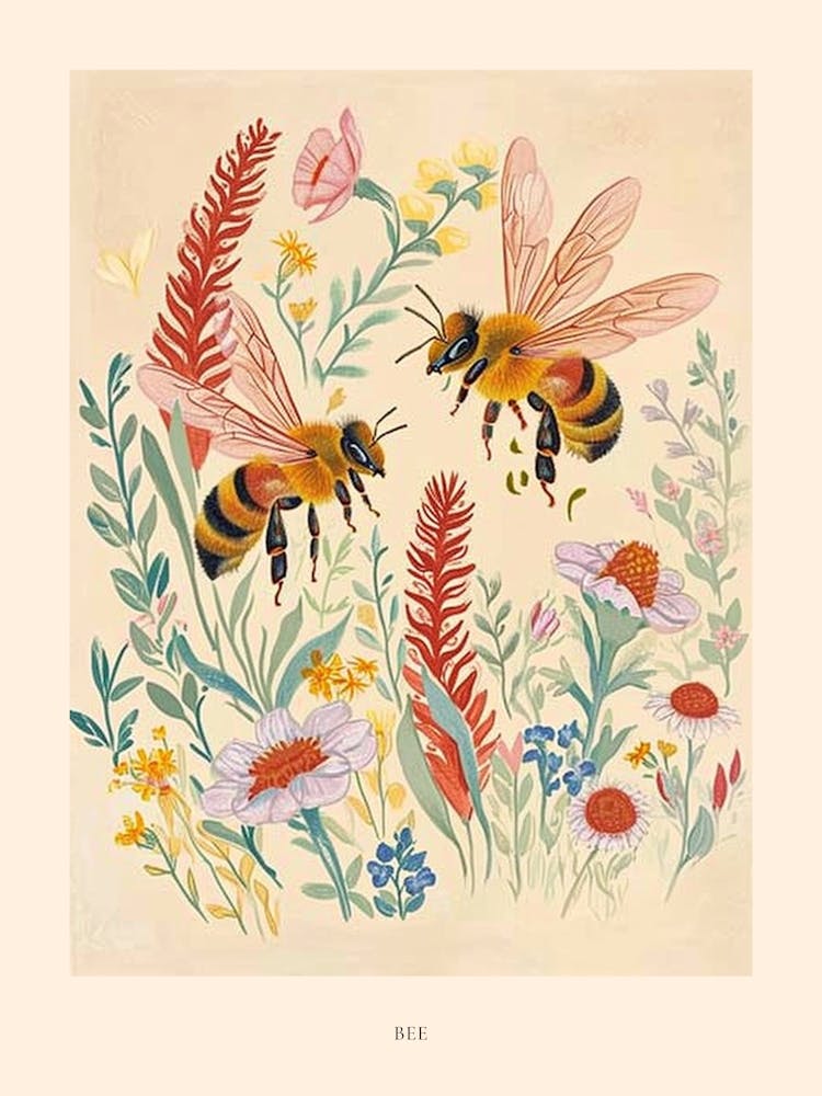 Folksy Floral Animal Drawing Bee 2 Poster