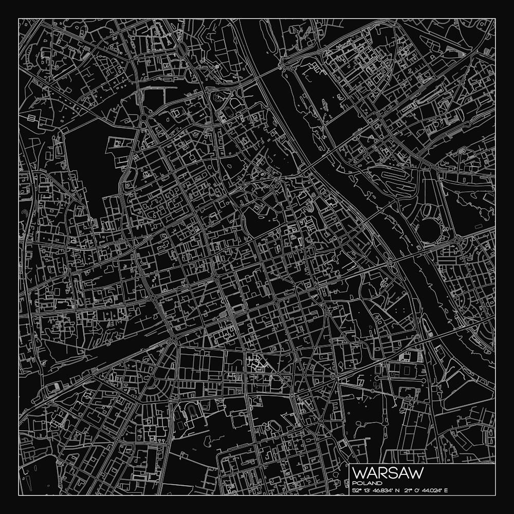 Warschau, Polen, Stadtplan Weiß auf Schwarz Blaupausen-Design
