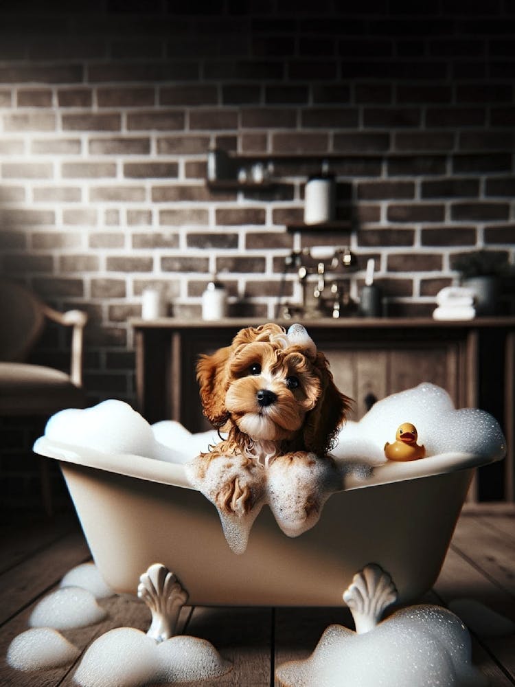 Cavapoo Taking a Bubble Bath