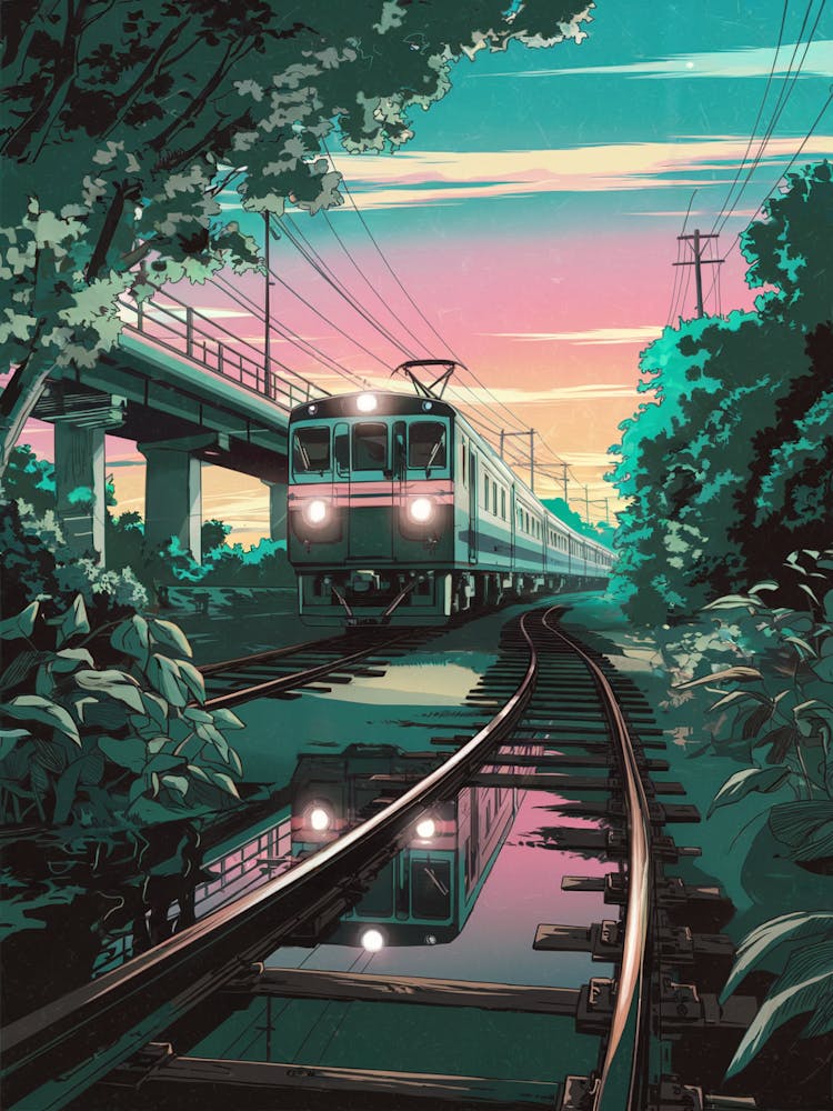 Lofi Anime Art, Retro Anime Train: Lofi Hip Hop Japan-Inspired Urban Decor, Perfect Bedroom Gift, Vaporwave Wall Art
