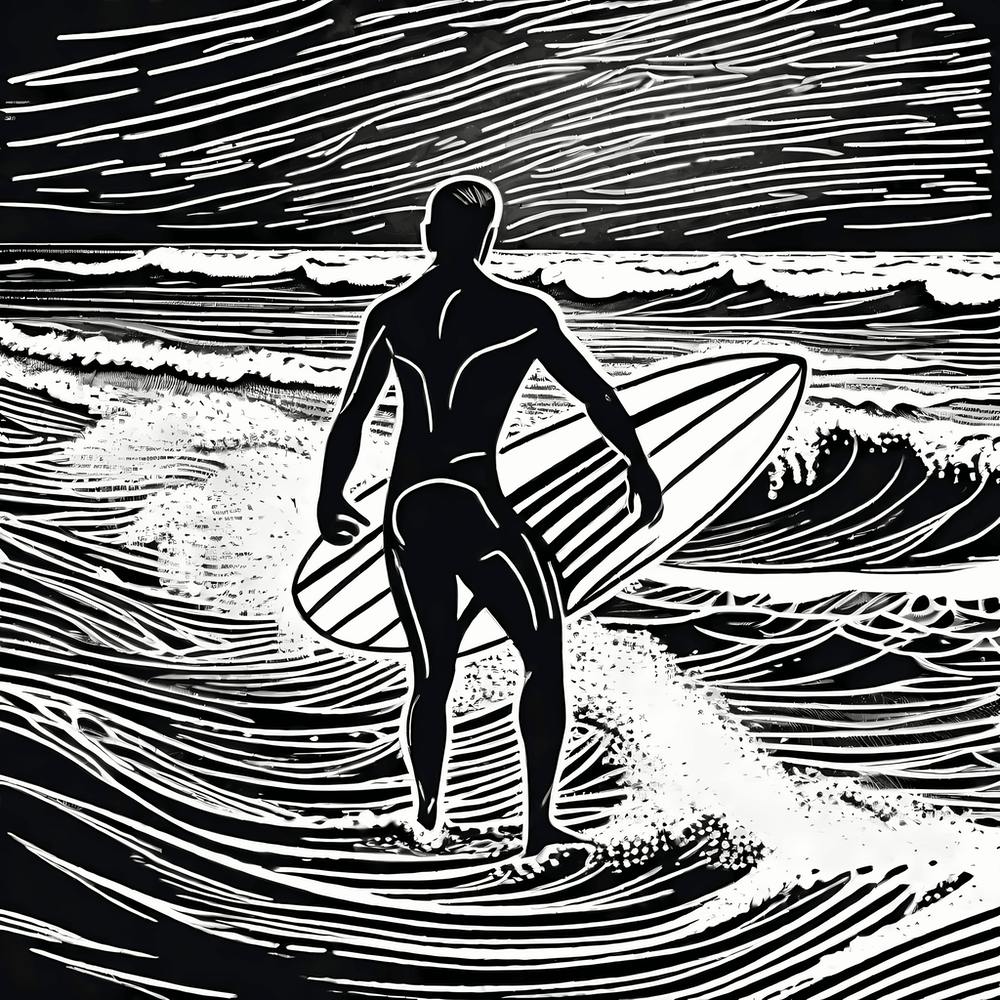Linocut Black And White Surfer On A Wave art, surfing art, 6