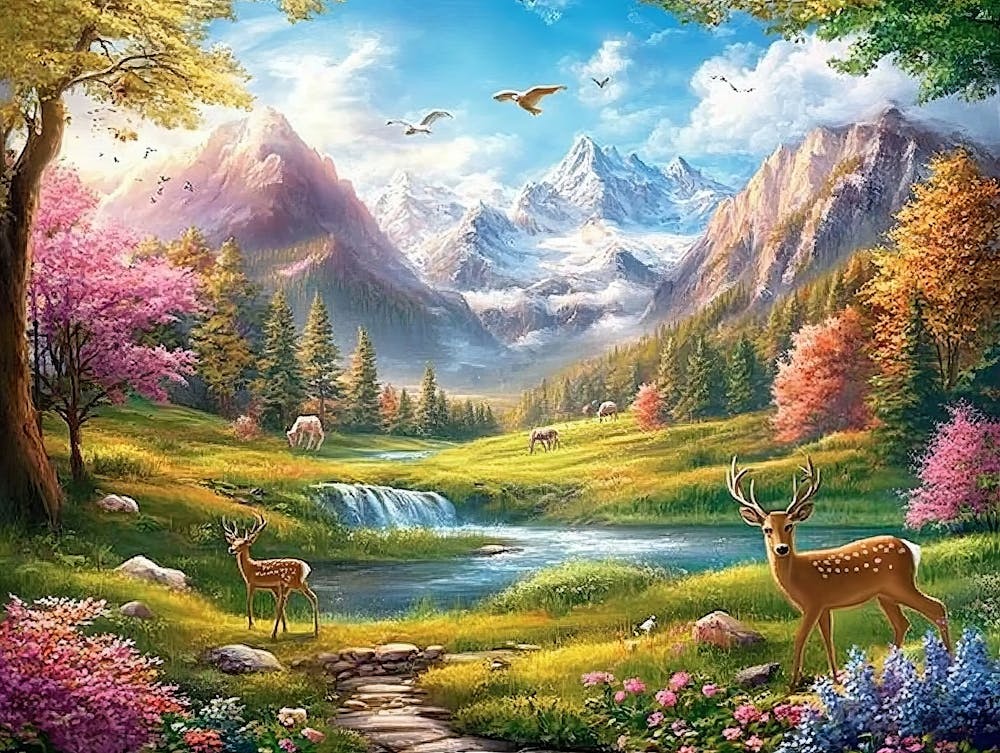 Nature Travel Lovely Countryside View Valley Meadow Beautiful Place Background with Mountains, Deer Animals, Flowers