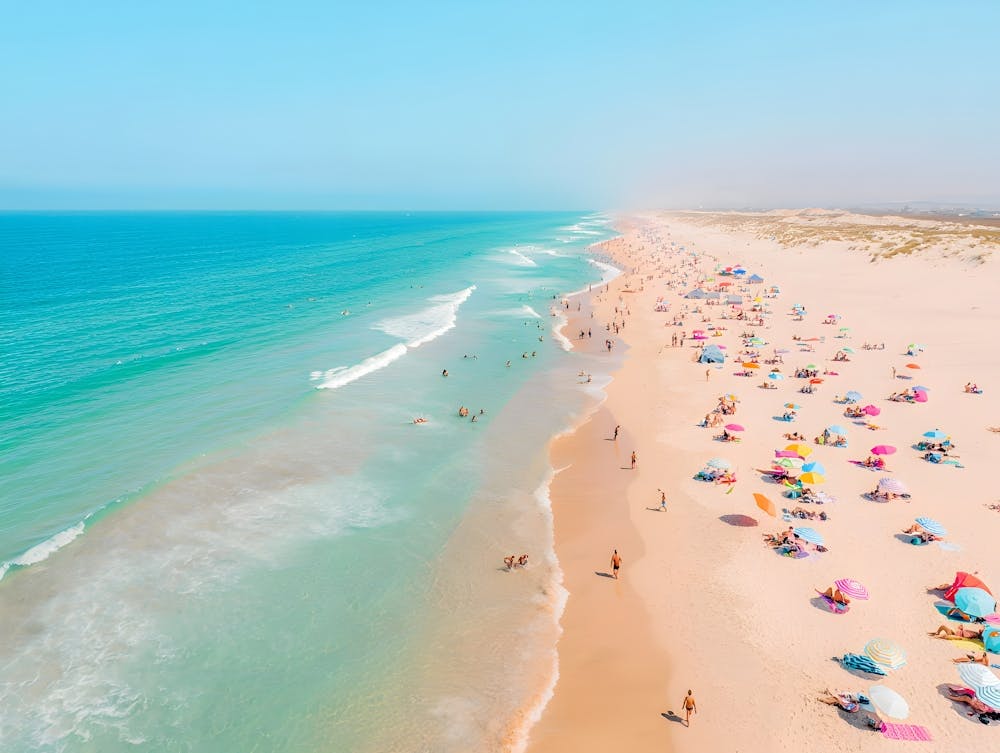Aerial Summer Beach - Crowded Shore with Colorful Umbrellas