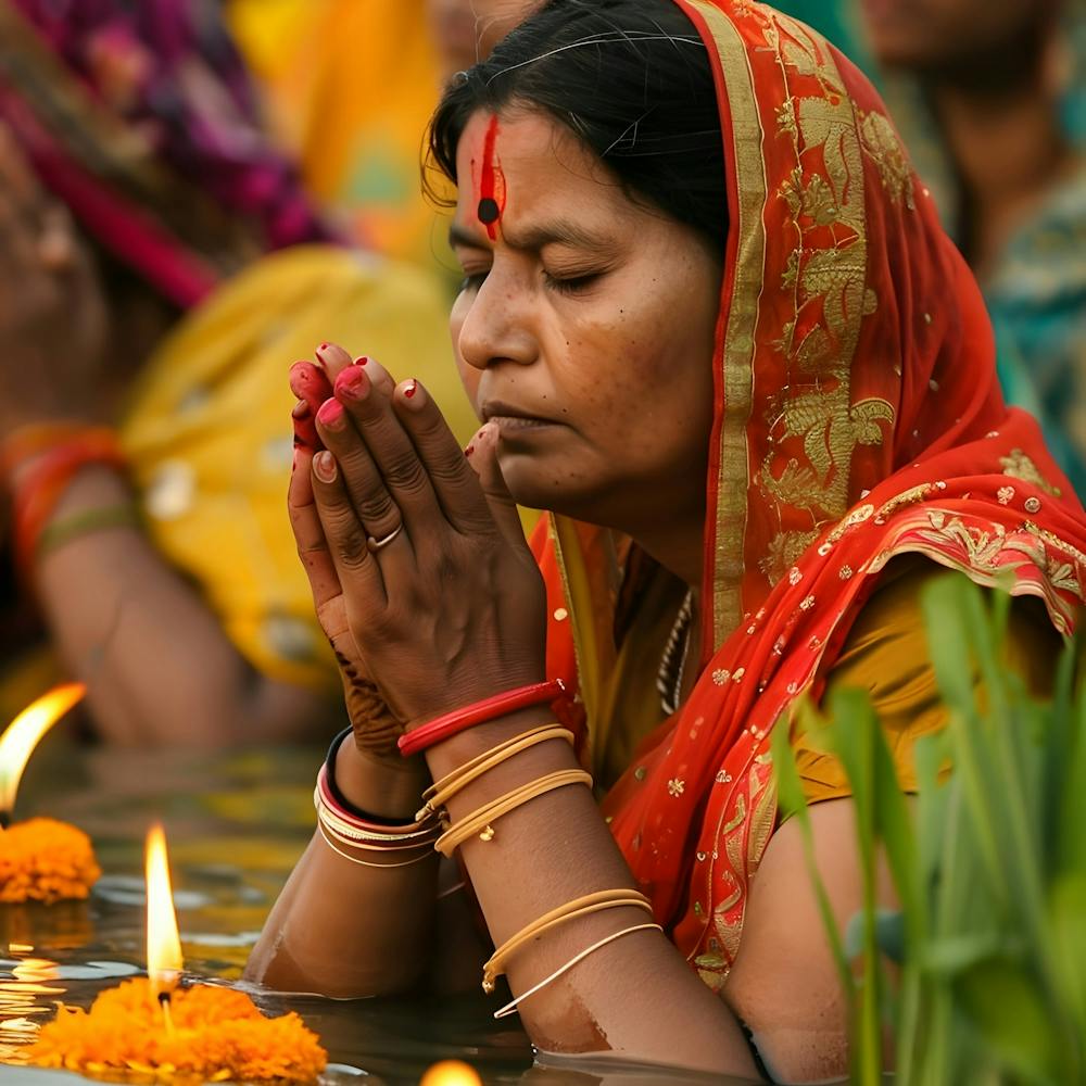 Indian Women Praying In The Water 1
