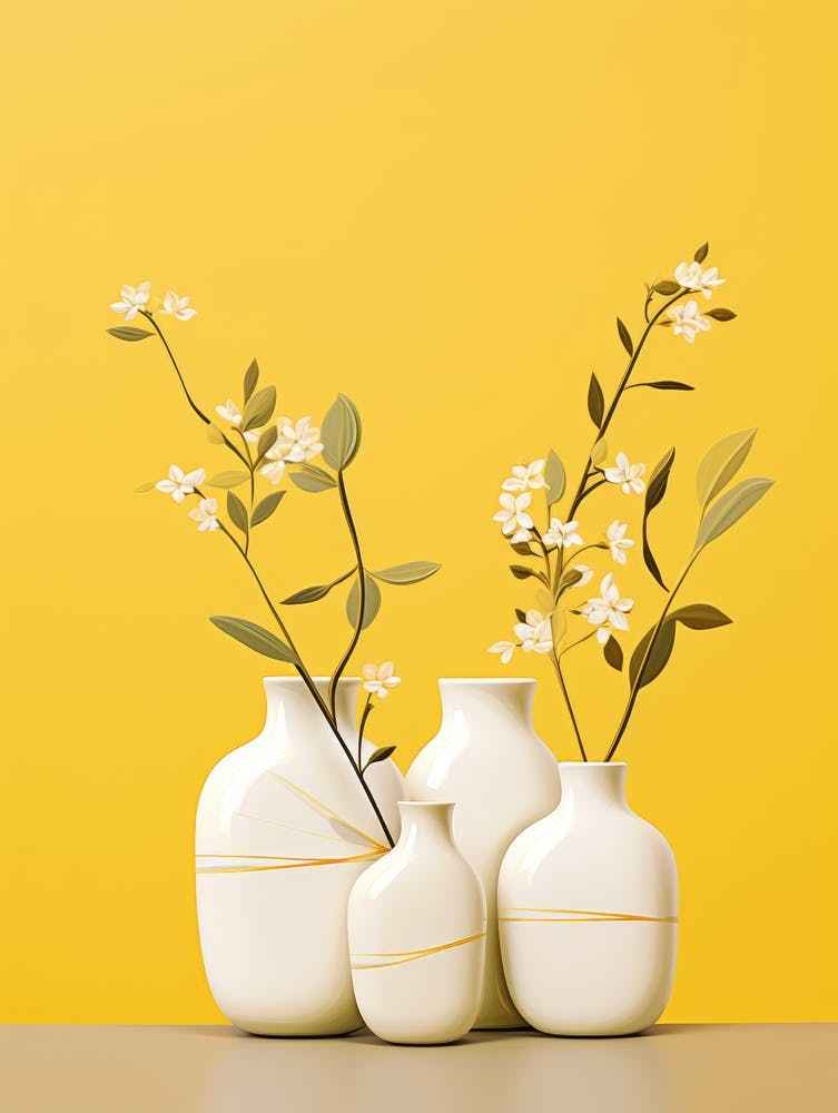 White Vases With Flowers On Yellow Background