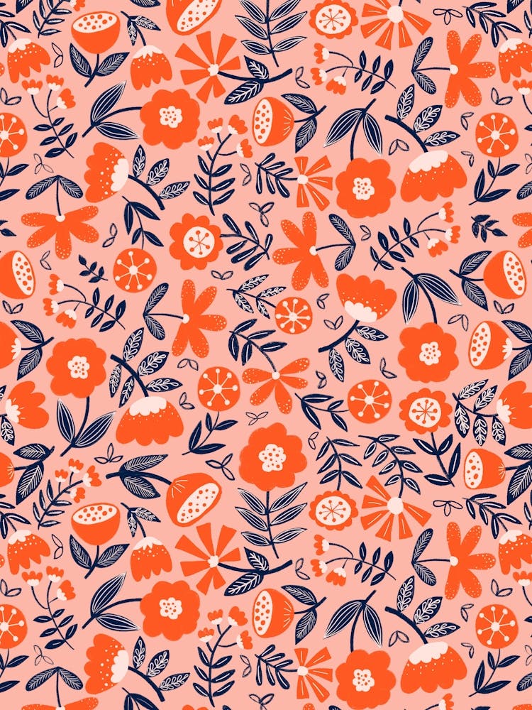 Cute Soft Scattered Scandi Florals Peach Pink, Red, Navy Blue